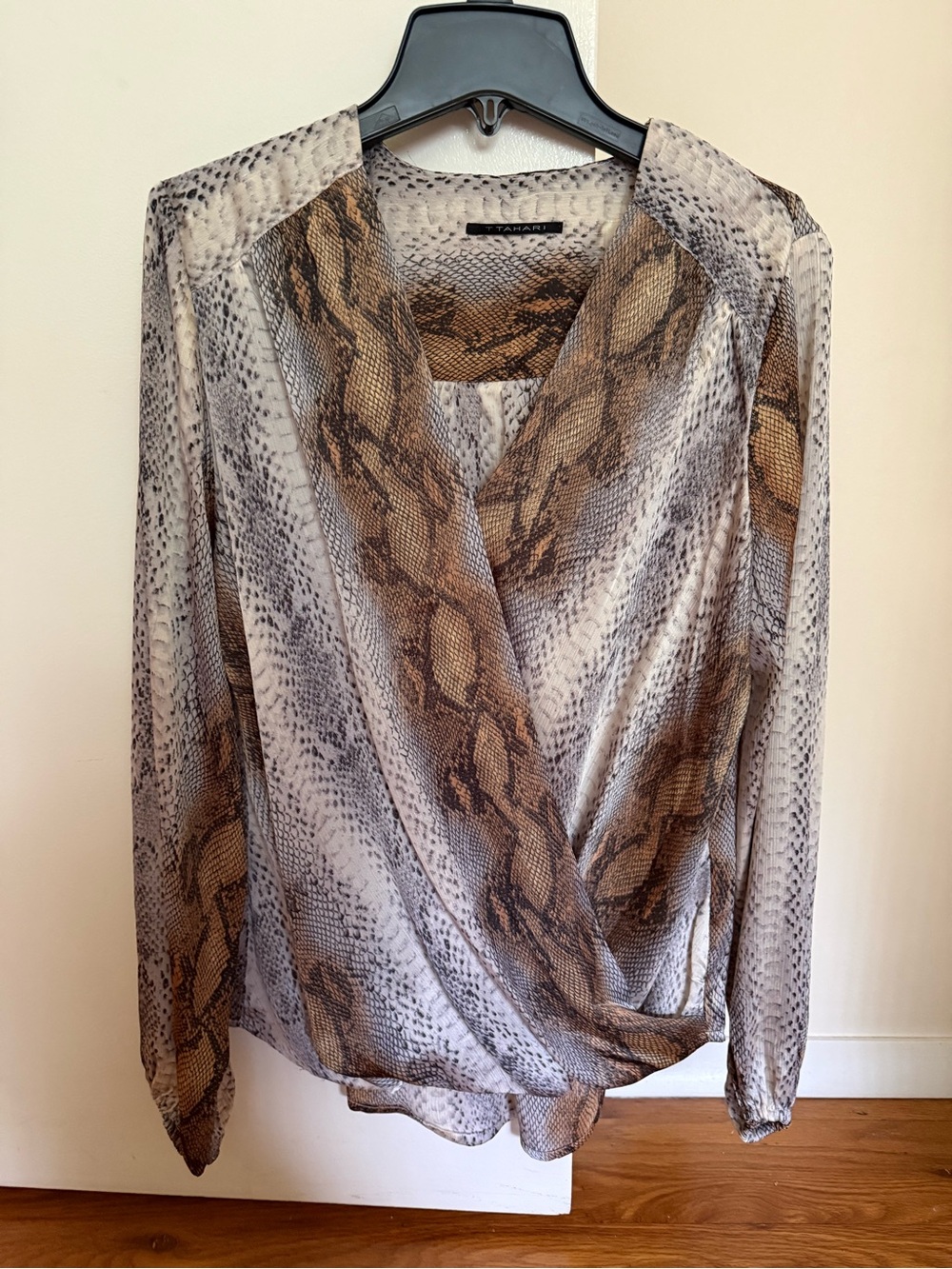 T Tahari Brown and Gray Snake-Print Wrap Blouse